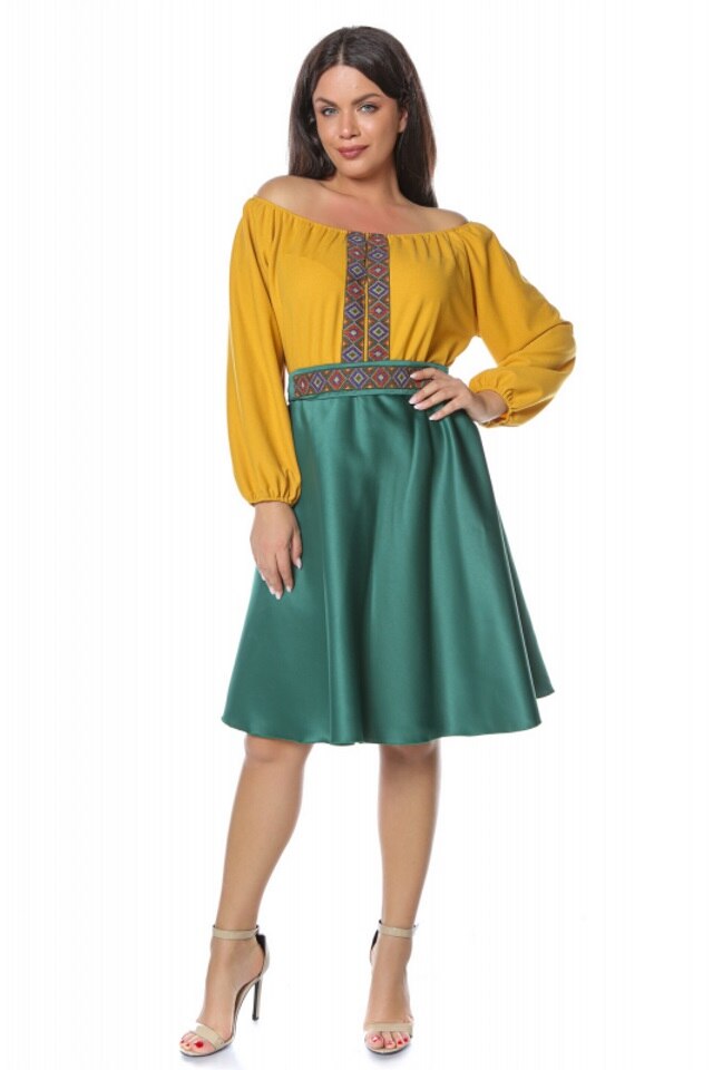 Rochie scurta din tafta cu broderie multicolora Yasmina, Verde, M-L