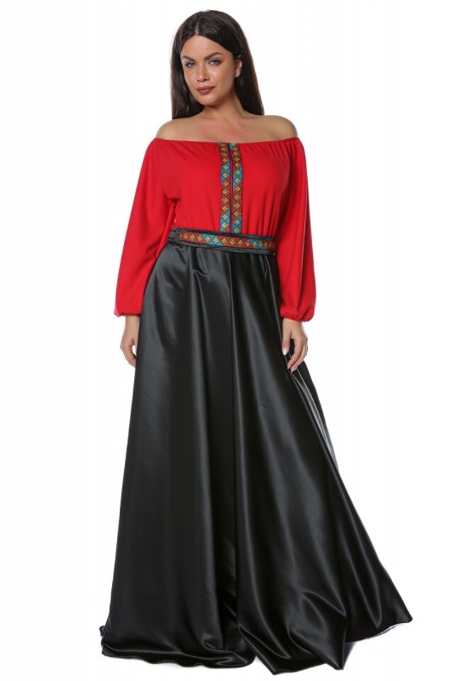 Rochie lunga din tafta cu broderie multicolora Yasmina, Rosu, M-L