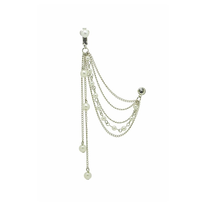 Cercel Tip ear cuff cu prindere dubla, lantisoare lungi cu perle, Argintiu, Urechea stanga sau dreapta