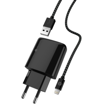 Adaptor de retea Sturdo Dual USB Charger 2in1, cu cablu textil MFI Lightning, 1.8m, negru Adaptor de retea Sturdo Dual USB Charger 2in1, cu cablu textil MFI Lightning, 1.8m, negru