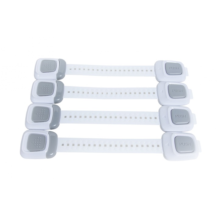 Set 4 sigurante, Empria, flexibile cu incuietoare dubla pentru usi si sertare, 25 cm, Alb/Gri