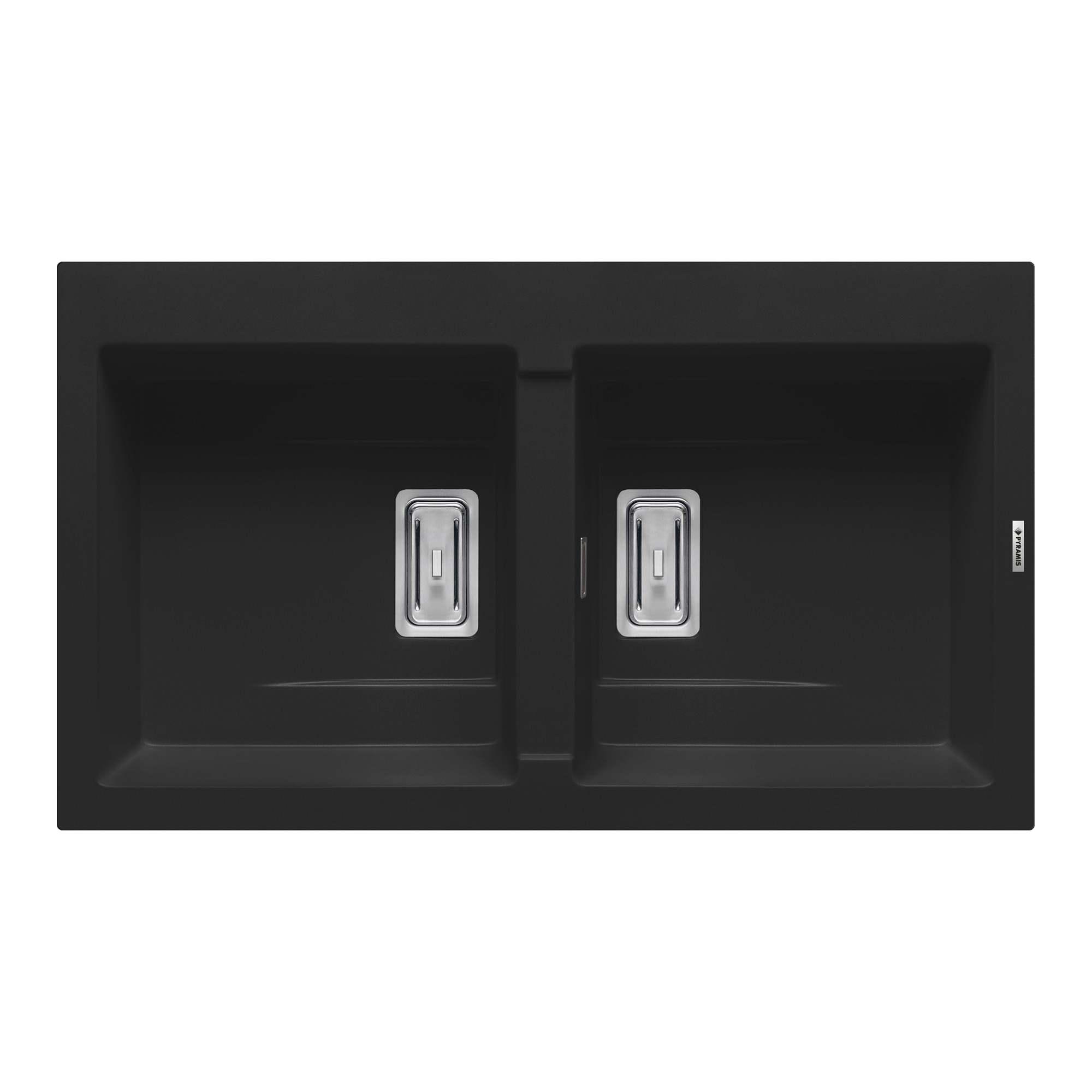 Chiuveta granit Pyramis KARTESIO 860x500mm, 2 cuve egale, adancime 200mm, valva dreptunghiulara, finisaj pyragranite carbon