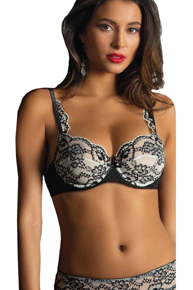 Sutien de colectie fara burete, din dantela, triplu voal si catifea, Intimamoda Emerald 6660, Negru