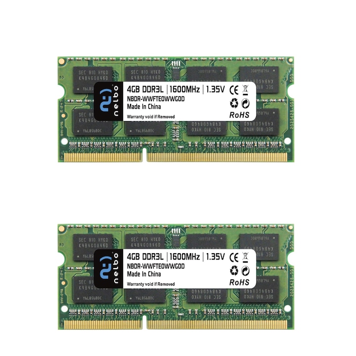 Set memorie RAM 8 GB (2x4 GB) sodimm ddr3L, 1600 Mhz, Nelbo, dual channel, pentru laptop