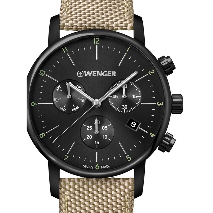 Ceas barbatesc Wenger 01.1743.117 Urban Klassik Cronograf 44mm, 10ATM, Negru