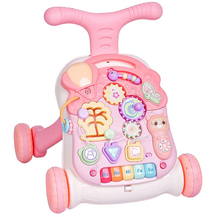 Antemergator Interactiv 5 in 1, cu masuta interactiva detasabila, "ISP Musical Stroller", Pink