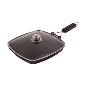 Tigaie grill de 28 cm cu capac si maner pliabil Tigaie grill de 28 cm cu capac si maner pliabil