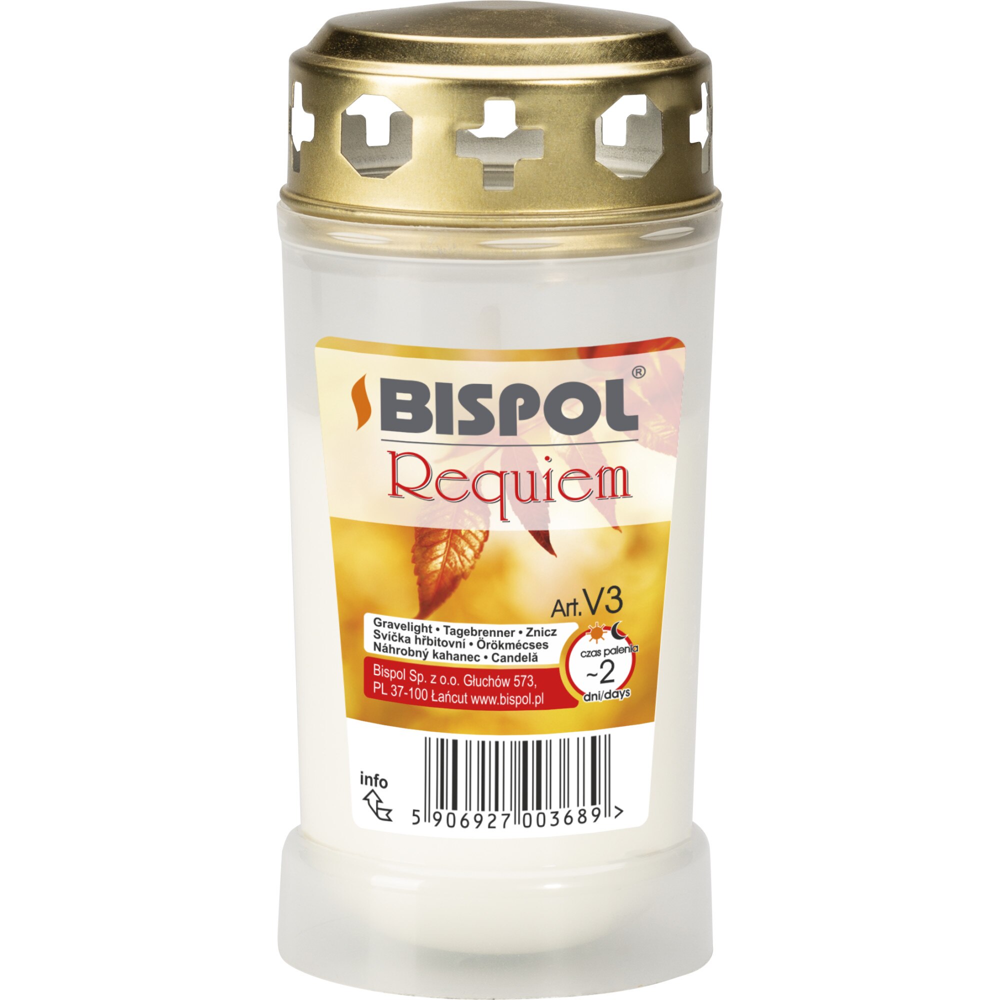 Candela cu capac anti-ploaie Bispol Requiem V3 alb 48 ore