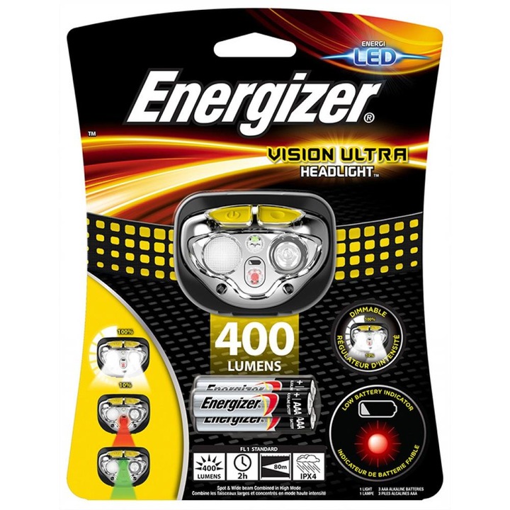 Lanterna de cap Energizer Vision Ultra 80m, 400lumeni, 3 baterii AAA incluse