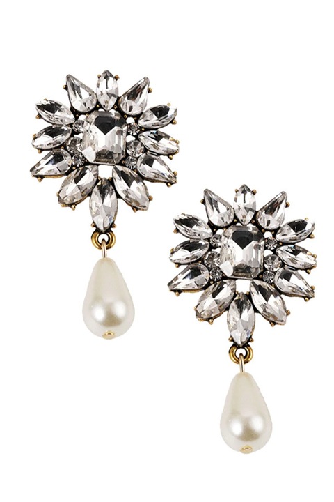 Cercei luxury, flori cu cristale fatetate si perla in forma de lacrima, Alb
