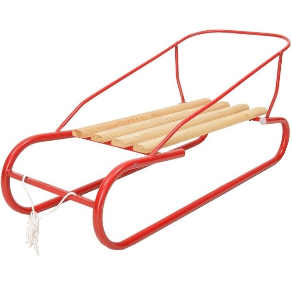 Saniuta pentru copii NOVOKIDS™ Snowy Sledge, cadru metalic, scaun din lemn, dimensiuni 80X40X40 cm, cu cordelina de tras, Rosu