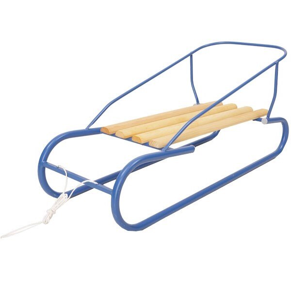 Saniuta pentru copii NOVOKIDS™ Snowy Sledge, cadru metalic, scaun din lemn, dimensiuni 80X40X40 cm, cu cordelina de tras, Albastru