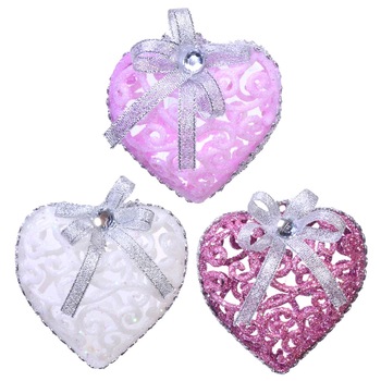 Set 6 globulete, Zola®, pentru bradut, albe/roz/mov, in forma de inima, 8 cm Set 6 globulete, Zola®, pentru bradut, albe/roz/mov, in forma de inima, 8 cm