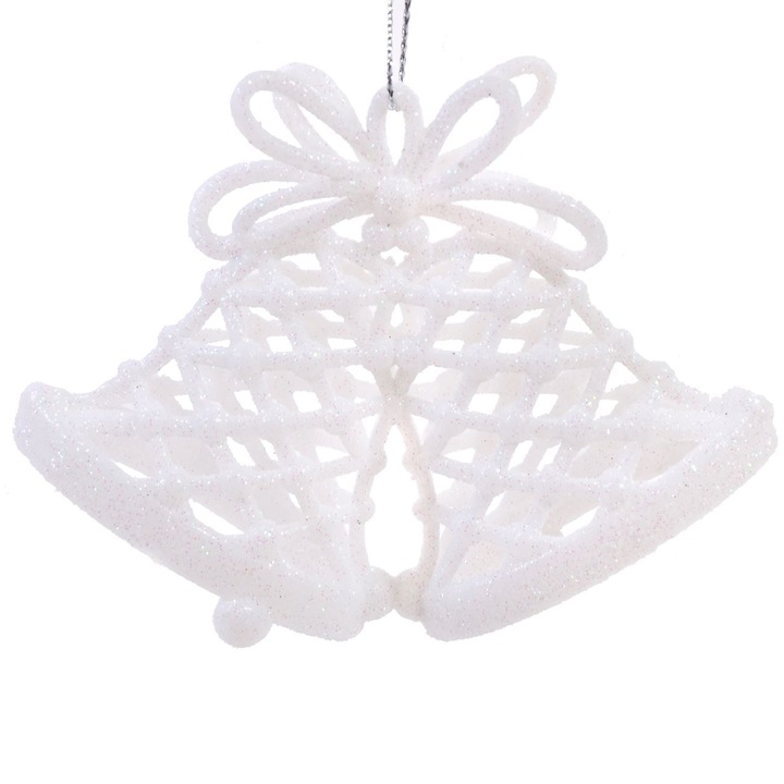 Set 3 ornamente brad de Craciun Shopiens® Clopote Albe Glitter, 11 cm