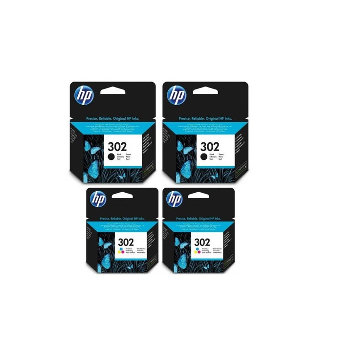 Pachet cartuse cerneala F6U66AE (302) negru x 2 F6U65AE (302) tricolor x 2 HP original 710 pagini