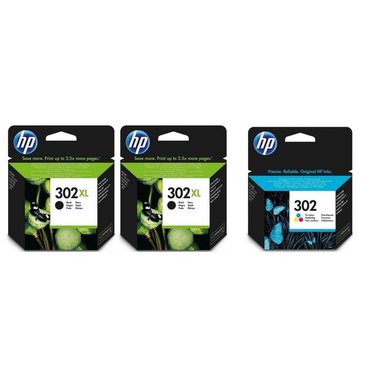 Pachet cartuse cerneala F6U68AE (302XL) negru x 2 F6U65AE (302) tricolor HP original 1125 pagini