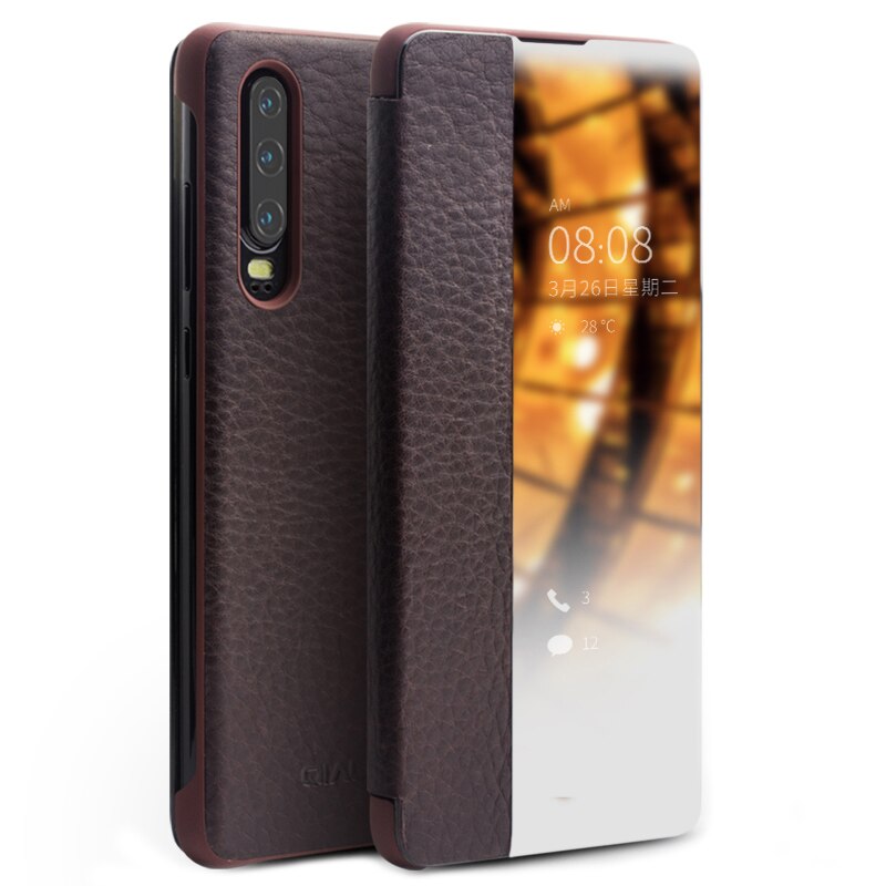 Husa slim din piele naturala, smart cover, Huawei P30 - Qialino Smart Luxury, culoare Maro coffee
