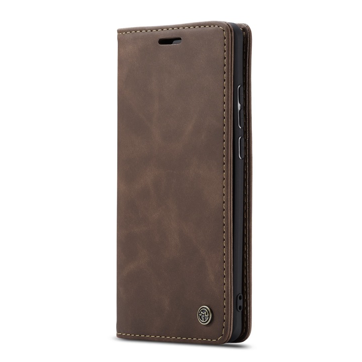 Husa slim piele, tip portofel, stand, inchidere magnetica, textura catifelata, pentru Huawei P30 Pro, CaseMe, Maro coffee