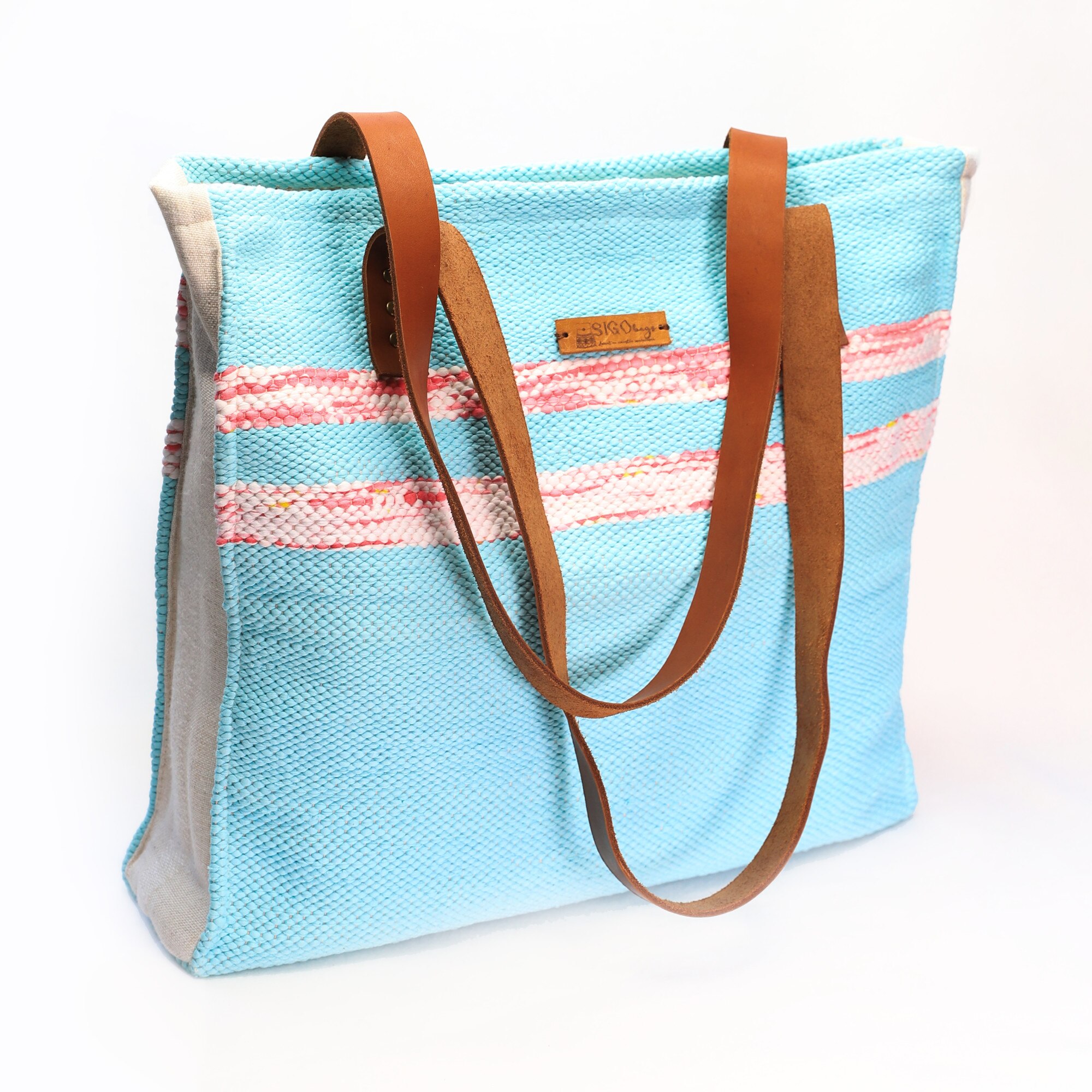 Geanta tesuta manual V5, Turcoaz/Roz, 37x37x9 cm profunzime