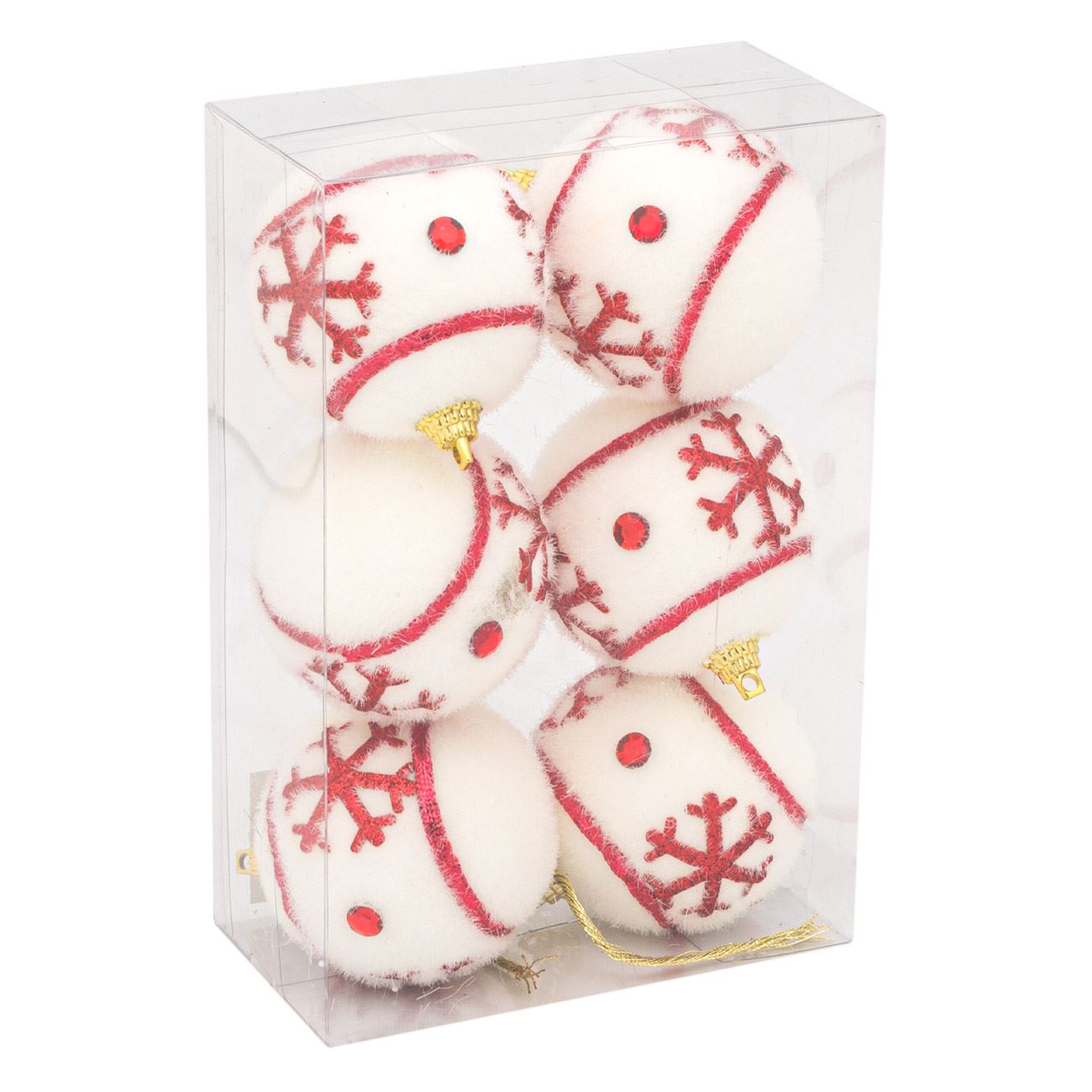 Set 6 Globuri de Craciun, model pufos cu fulg de nea rosu, 6 cm, alb