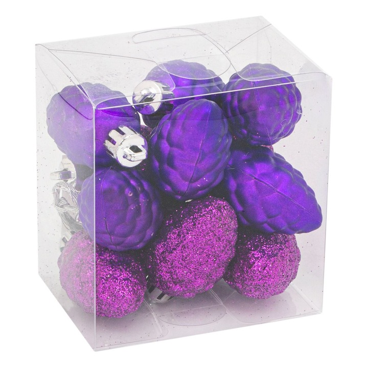 Set 12 ornamente brad de Craciun Shopiens®, in forma de Conuri mov cu aspect mat si glitter, 5 cm