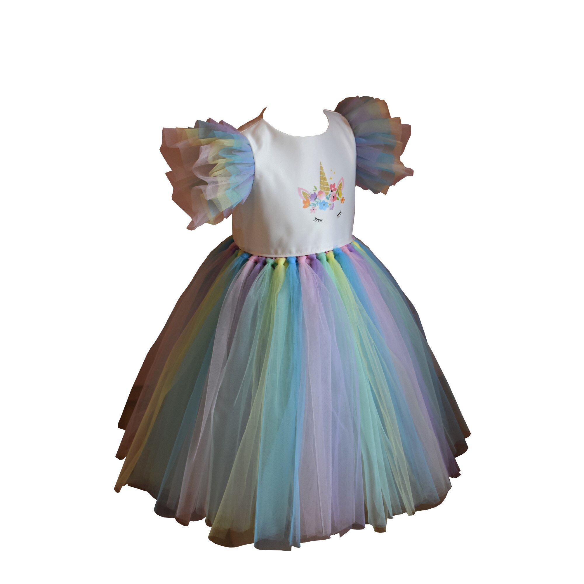 Rochita Unicorn cu volane, Anastasia, tafta, bumbac, tulle, 92 cm, 2 ani