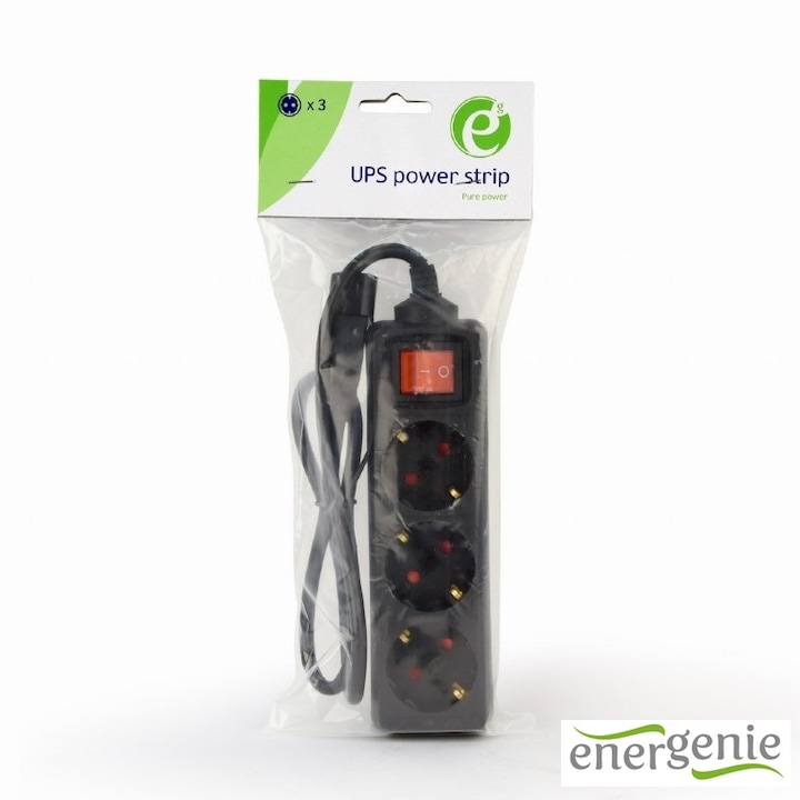 UPS разклонител MKTECH-Energenie,3 гнезда на Schuko, обезопасен превключвател, 16 A, щепсел C14, 0,6 м кабел, черен