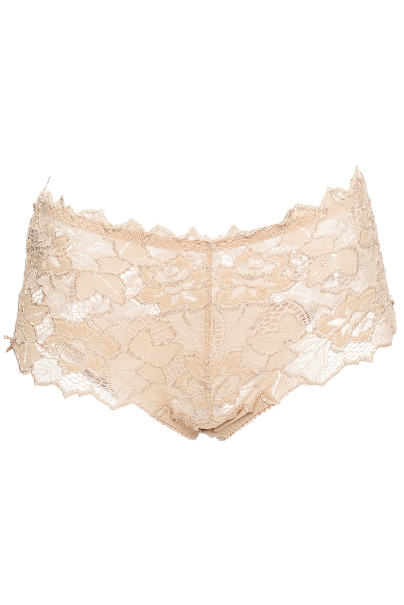 Chiloti model lat in lateral cu talie inalta, de colectie din dantela si microfibra, S Complexe Arum, Bej