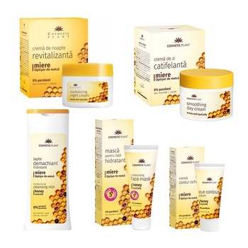 Set Cosmetic Plant, Crema de zi catifelanta cu miere si laptisor de matca, 50 ml + Crema de noapte revitalizanta cu miere si laptisor de matca, 50 ml + Crema contur ochi, 30 ml + Masca hidratanta pentru fata, 50 ml + Lapte demachiant, 200 ml Set Cosmetic Plant, Crema de zi catifelanta cu miere si laptisor de matca, 50 ml + Crema de noapte revitalizanta cu miere si laptisor de matca, 50 ml + Crema contur ochi, 30 ml + Masca hidratanta pentru fata, 50 ml + Lapte demachiant, 200 ml