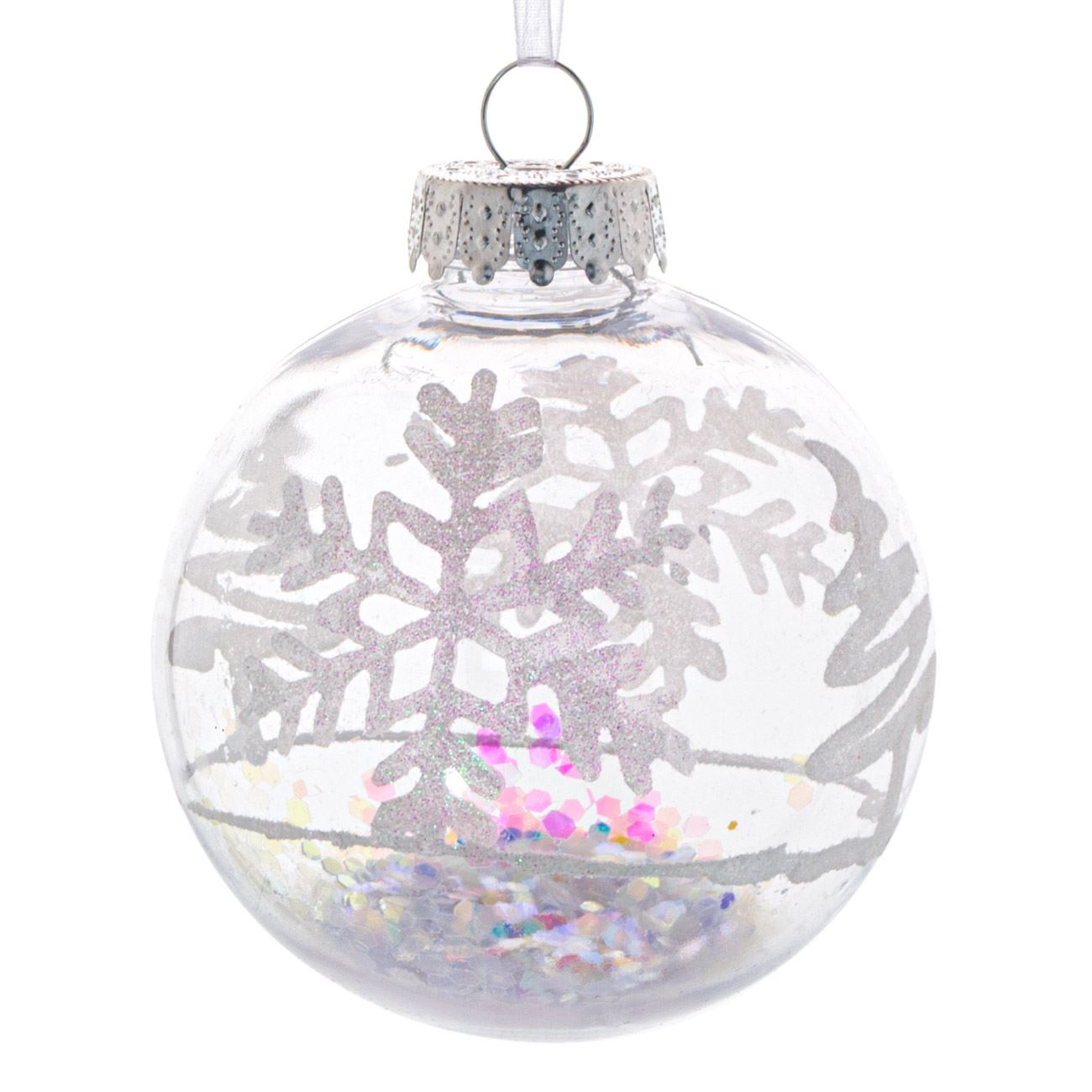 Globulet ideal pentru bradut, Zola®, transparent cu fulg si sclipici interior, 8cm