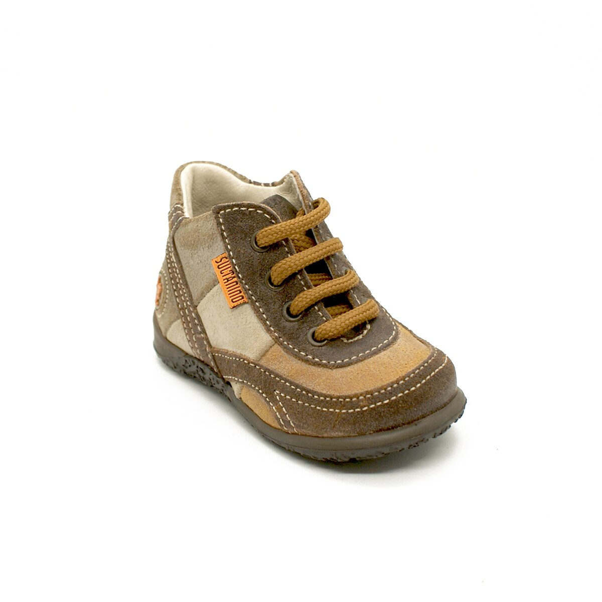 Pantof din piele KicKers, bej-maro, cu siret, pentru copii, marimea 18