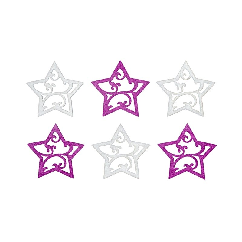 Set 6 figurine din fetru - stea gaurita alb-mov inchis, 6 cm