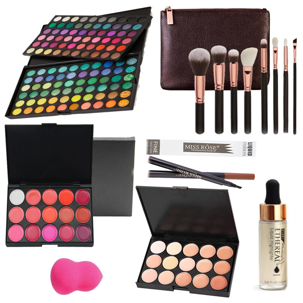 Set complet Venice cu trusa machiaj farduri 120 culori, concealer, 8 pensule, marker sprancene, iluminator
