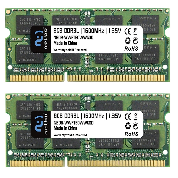 Set memorie RAM 16 GB (2x8 GB) sodimm ddr3L, 1600 Mhz, NELBO, dual channel, pentru laptop