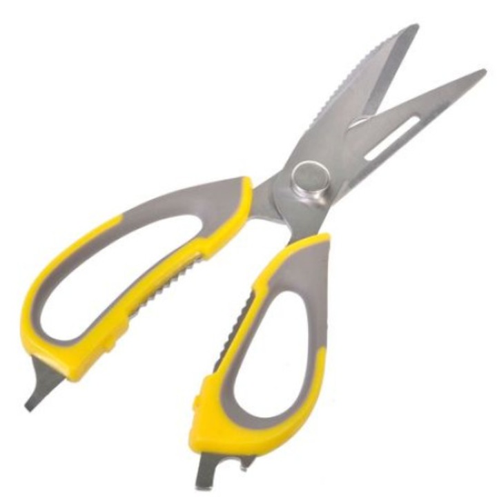 Foarfeca de bucatarie, SellCroStore, multifunctionala, galben/gri, 23 cm