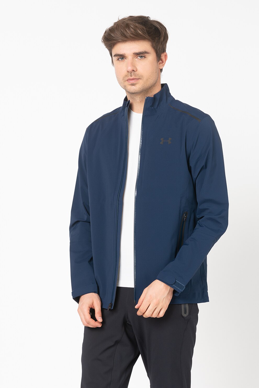 Under Armour, Jacheta din material impermeabil si usor, pentru antrenament, Albastru marin, XS