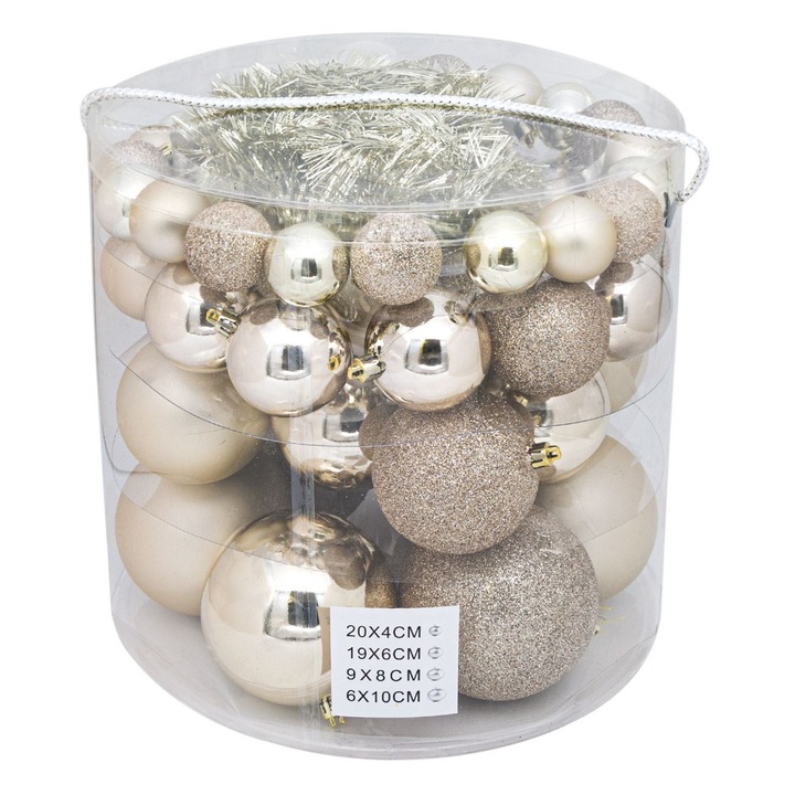 Set 54 globulete de Craciun Sampanie Shopiens®, 4-6-8-10 cm, cu aspect mat, stralucitoare, glitter si beteala