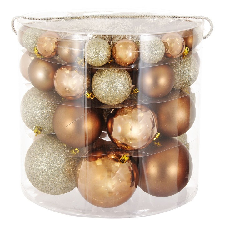 Set 54 globulete de Craciun Bronz Bej Shopiens®, 4-6-8-10 cm, cu aspect mat, stralucitoare, glitter si beteala