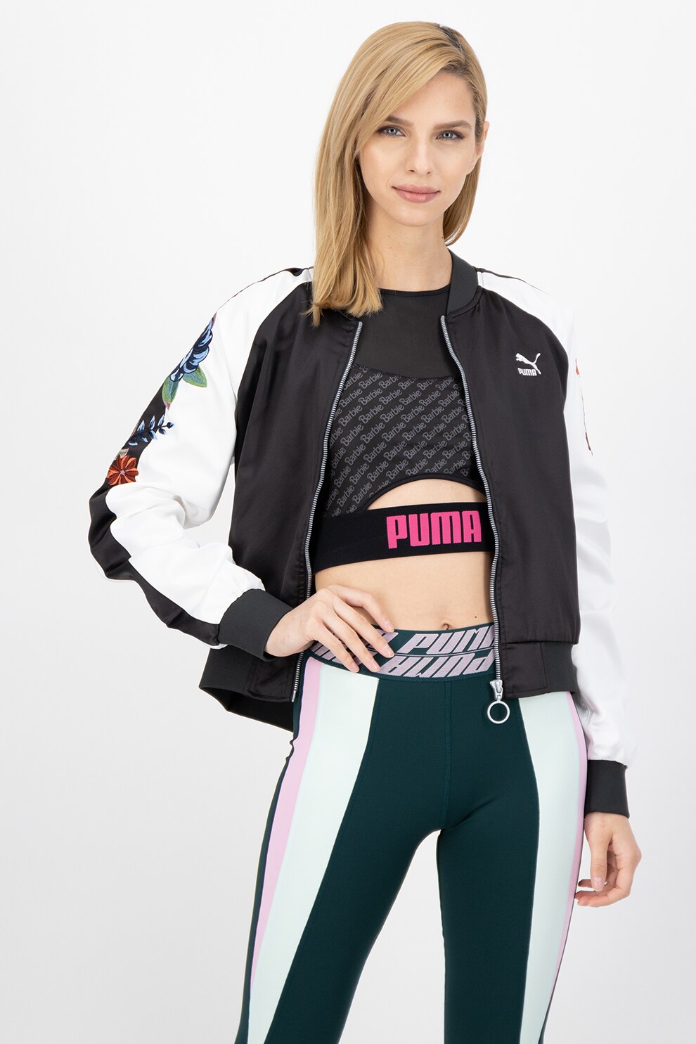 Puma, Jacheta bomber cu broderie Premium Archive, Negru/Alb