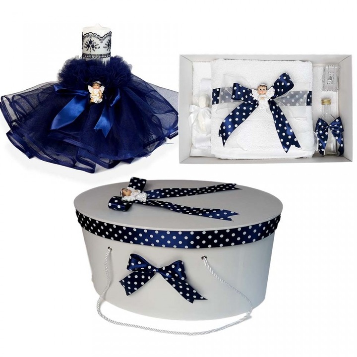Set trusou botez, cutie trusou si lumanare, Ingeras, fundita bleumarin, Denikos® 97