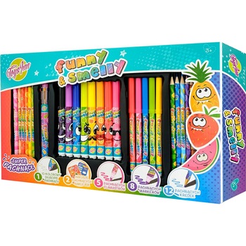 Set coloraj parfumat Toys Inn Funny and Smelly 10 pixuri colorate, 12 creioane colorate, 5 pixuri cu gel(galben, verde, albastru, roz si rosu), 5 markere si 2 abtibilduri Set coloraj parfumat Toys Inn Funny and Smelly 10 pixuri colorate, 12 creioane colorate, 5 pixuri cu gel(galben, verde, albastru, roz si rosu), 5 markere si 2 abtibilduri