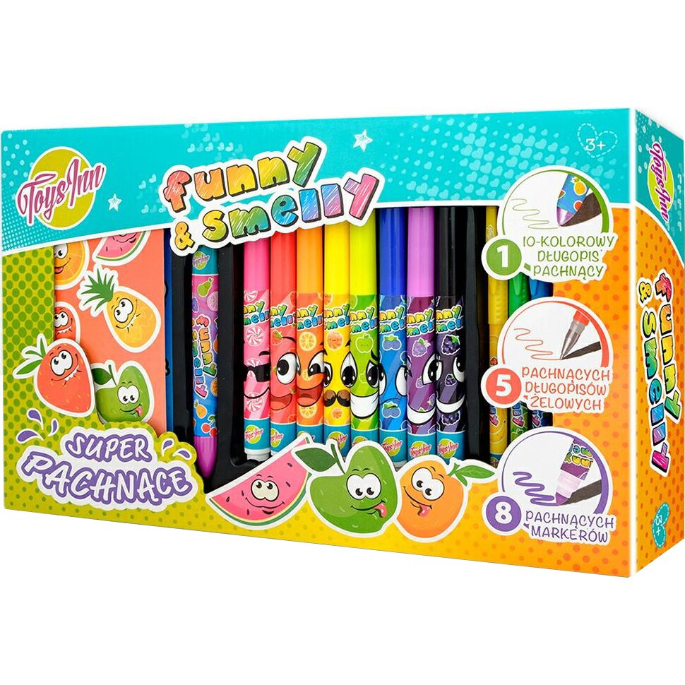 Set coloraj parfumat Toys Inn Funny and Smelly 10 pixuri colorate, 5 pixuri cu gel(galben, verde, albastru, roz si rosu), 8 markere si abtibilduri