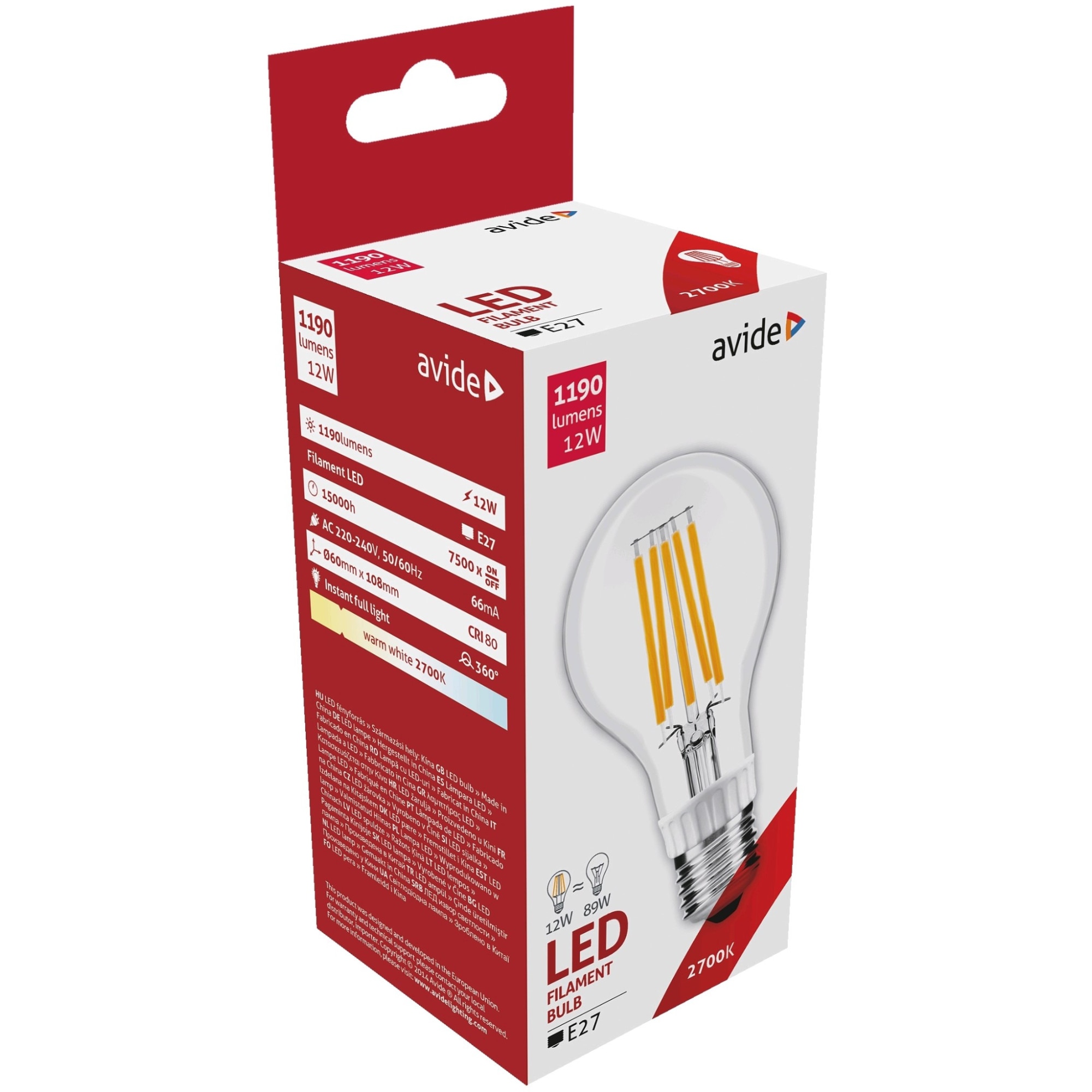 Set 3 Becuri Avide LED Filament Globe A60 12W E27 2700K lumina calda