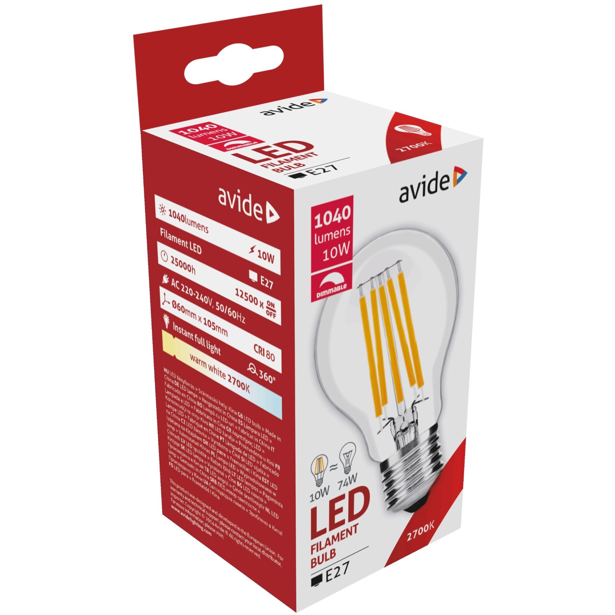 Set 3 Becuri Avide LED Filament Globe A60 10W Dimablia E27 2700K lumina calda