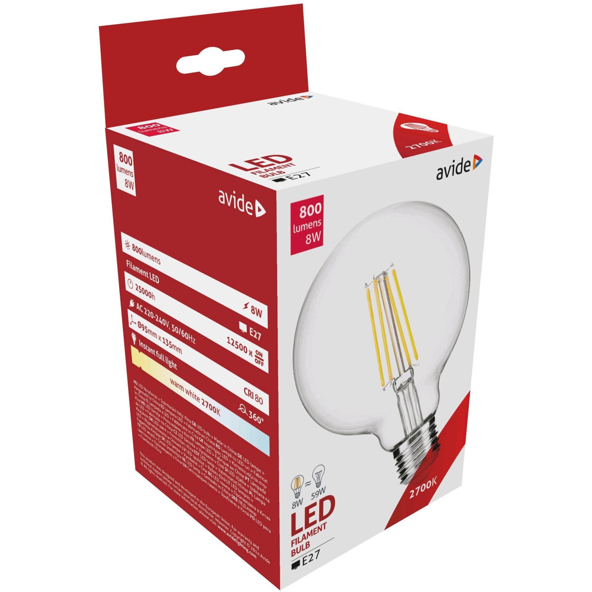 Set 3 Becuri Avide LED Filament Globe G95 8W E27 2700K lumina calda