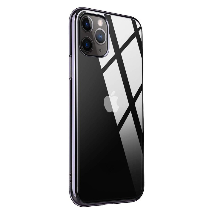 Husa pentru iPhone 12 / 12 PRO, Silicon ultraslim, cu spate transparent si cadru, Negru