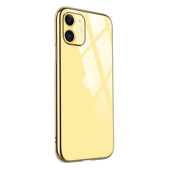 Husa iPhone 11, Silicon ultraslim, cu spate transparent si cadru, Gold