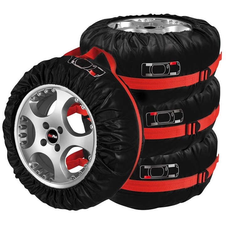 Комплект калъфи за автомобилни гуми, полиестер, с дръжка, червен / черен цвят, 4 броя