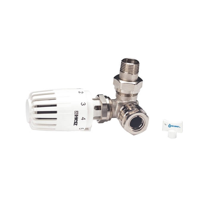 Set termostatic Herz Armaturen alcatuit din robinet cu ventil termostatic in 3 axe (CD), filet exterior, cap termostatic Projekt si conectori ( pentru teava de CU de 15 sau PexAl de 16)