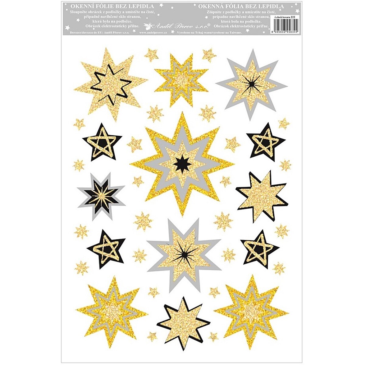 Sticker pentru geam - stele aurii si colorati, cu sclipici, 20 x 30 cm